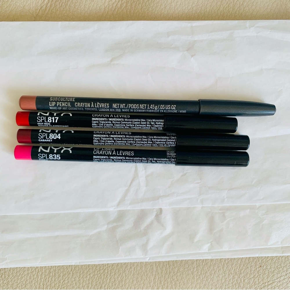 MAC & NYX Lip Liner Bundle Set of 4 Red Pink Nude Pre-Owned Lightly Used - Picture 2 of 5